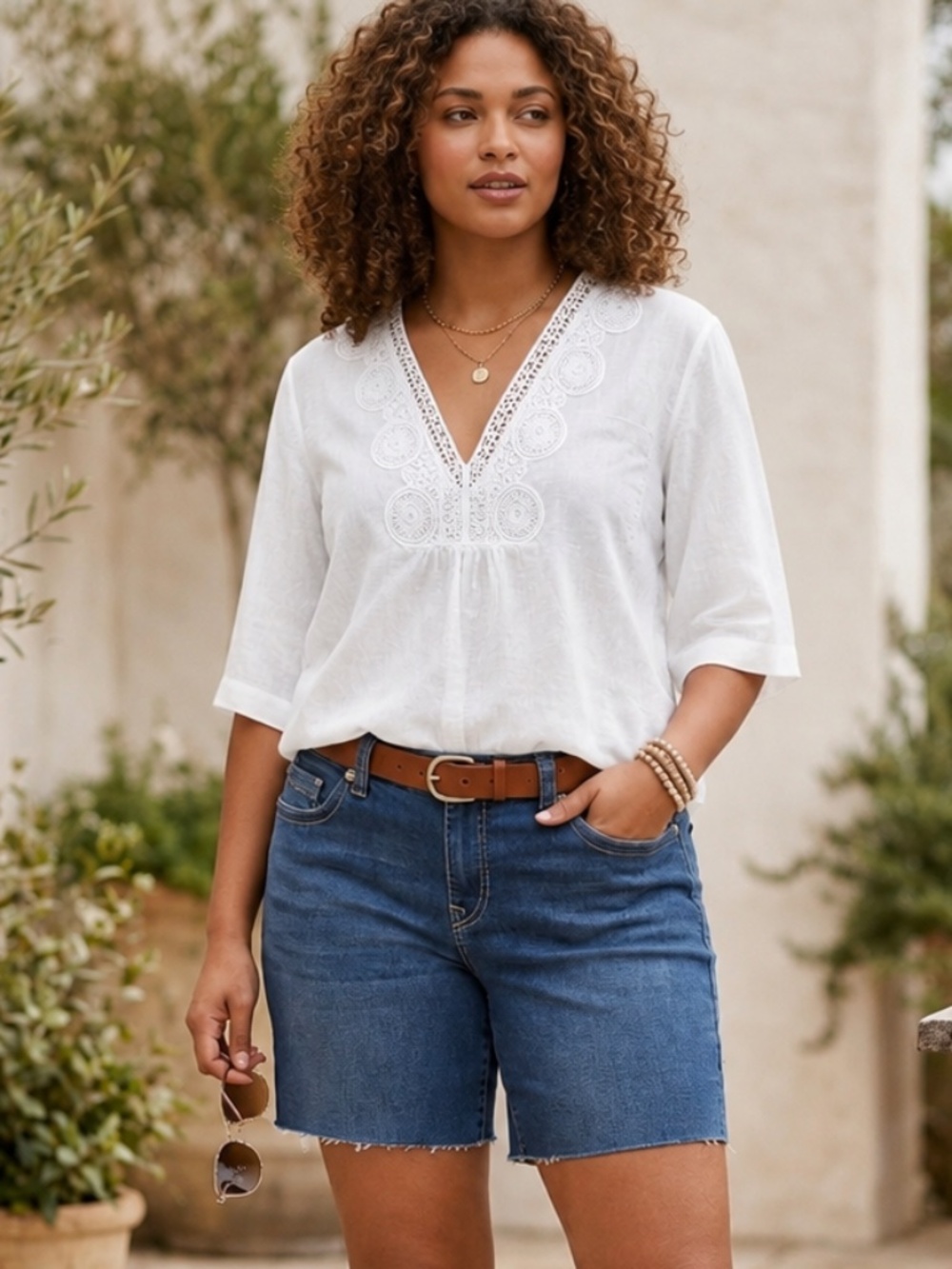 August Silk Linen Cotton Blend Lace Top